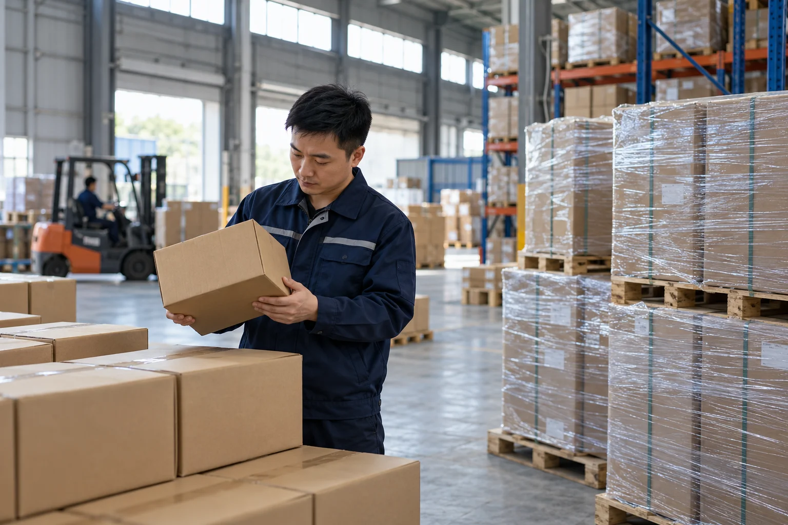 仓库工作人员整理出口样品与打包货物